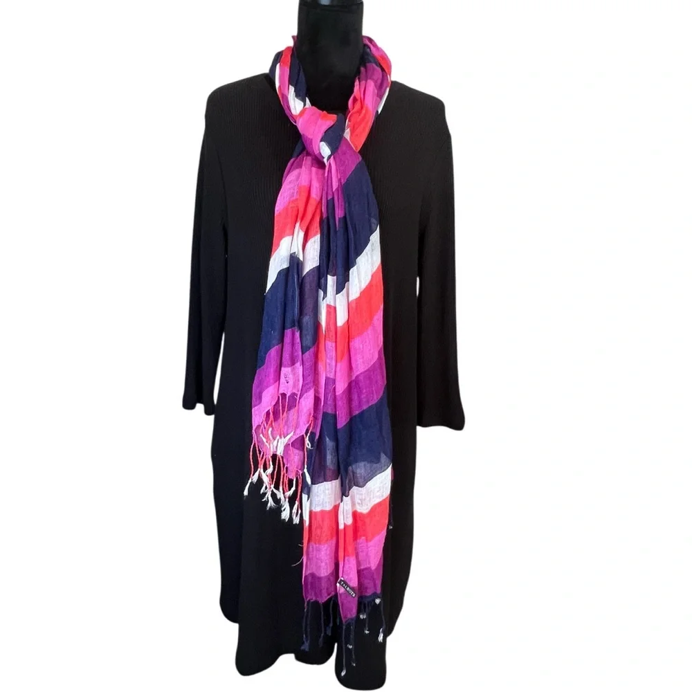 Talbots Lightweight Striped Scarf Pink Purple Navy White Fringe Wrap Shawl